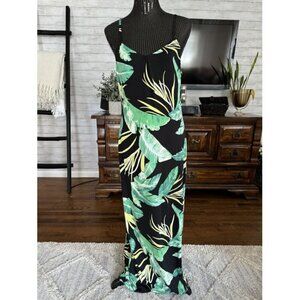 Haute Monde Black W/ Green Leaves Tropical Palm Print Maxi Cami Dress Size L